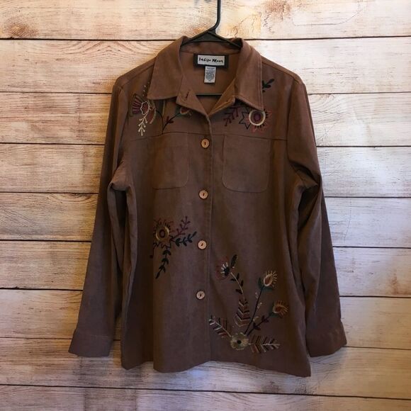 INDIGO MOON FAUX SUEDE EMBROIDERED TOP IN TAN - Picture 1 of 9